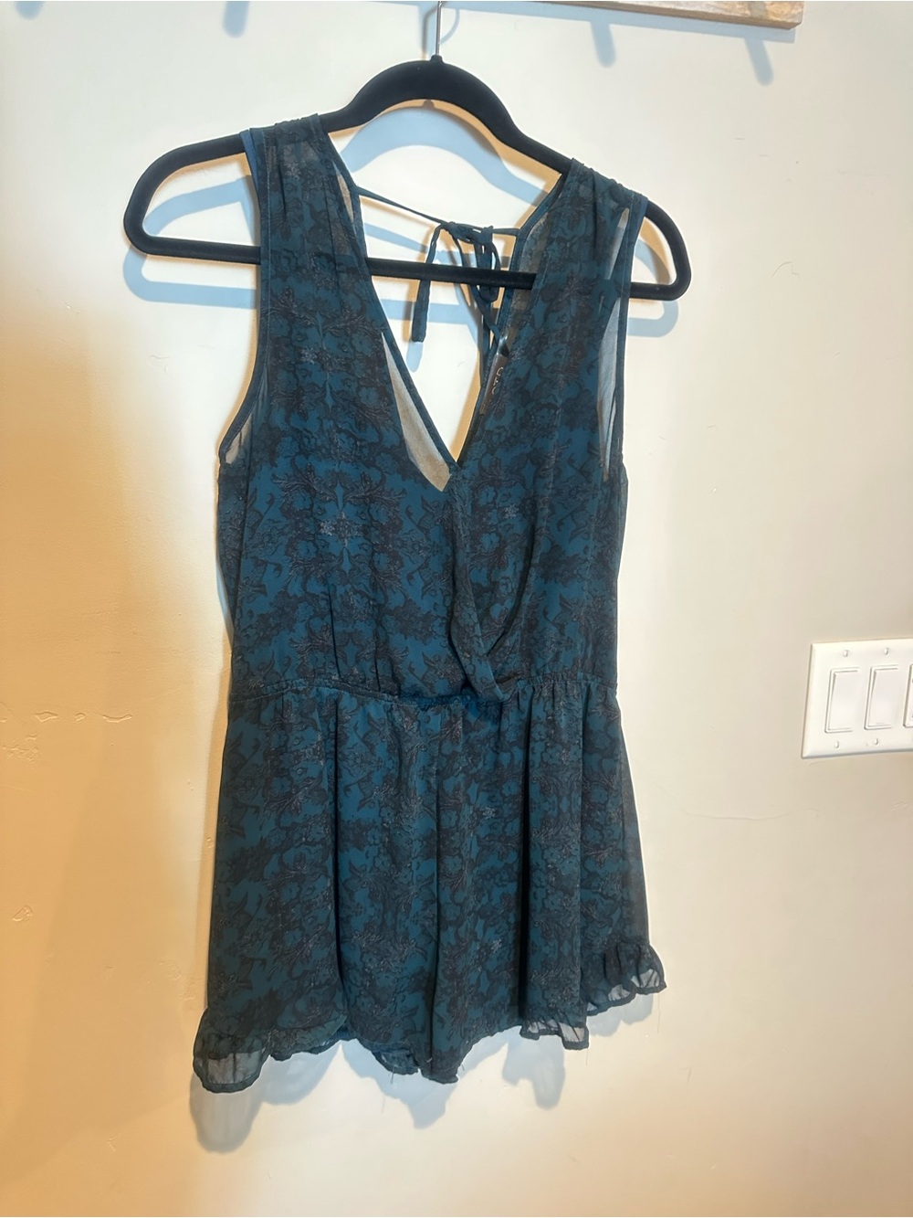 Astr Teal Floral Lace Romper with V-Neck and Tie Back